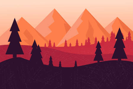 Beautiful landscape illustration. Peaceful warm sunrise over mountains, ocean and forest. Travel, hiking, outdoors and adventure concept. Use as background or wallpaper.の写真素材