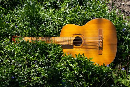wooden brown guitar lies on the grass in spring in the sunの写真素材