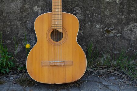 wooden brown guitar lies on a stone road in the street in the spring grass