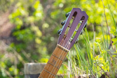 wooden brown guitar lies on a stone road in the street in the spring grass
