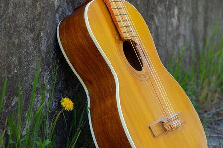 wooden brown guitar lies on a stone road in the street in the spring grassの写真素材