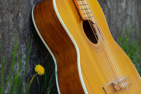 wooden brown guitar lies on a stone road in the street in the spring grassの写真素材