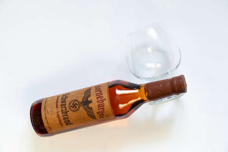Ukraine, Dnipro - April 05, 2020. horneburger 1939 whiskey of the third reich found in the cellar lies on the tableのeditorial素材