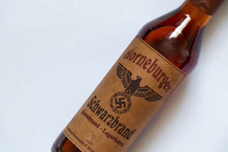 Ukraine, Dnipro - April 05, 2020. horneburger 1939 whiskey of the third reich found in the cellar lies on the tableのeditorial素材