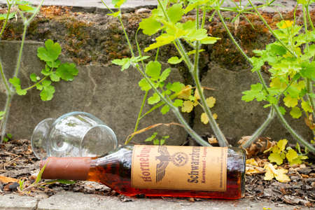 Ukraine, Dnipro - April 06, 2020. horneburger 1939 whiskey of the third reich found in the cellar lies streetのeditorial素材