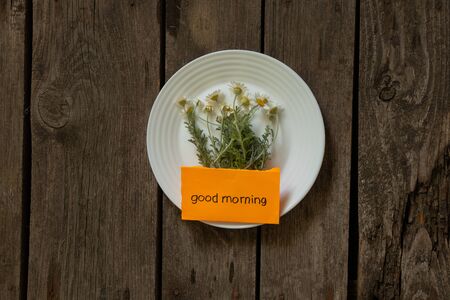 blooming daisies lie on a white plate on a table and a note good morning in Englishの写真素材