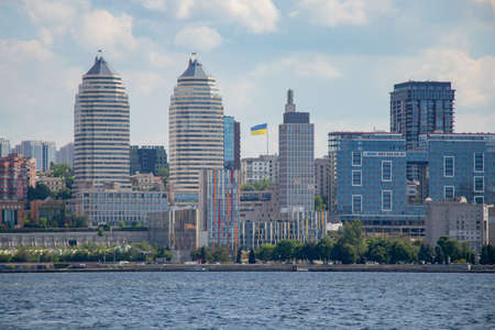 Ukraine, Dnipro - May 18, 2020.Dnieper city in Ukraine against the background of the Dnieper river in the days of quarantineのeditorial素材