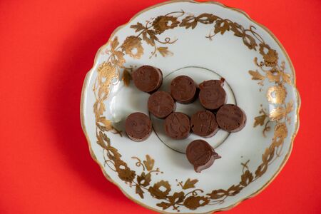 homemade chocolate smiles in the form of smiles on an isolated backgroundの写真素材