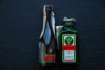 Sharm El Sheikh, Egypt - December 19, 2019. Liquor Jagermeister 1878 lies on the tableのeditorial素材