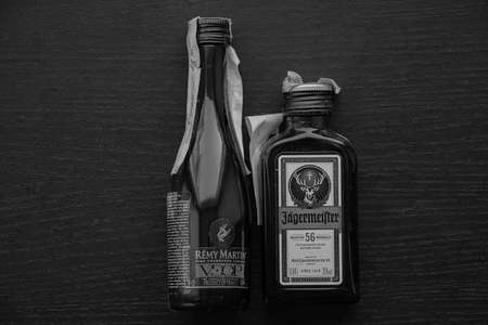 Sharm El Sheikh, Egypt - December 19, 2019. Liquor Jagermeister 1878 lies on the tableのeditorial素材