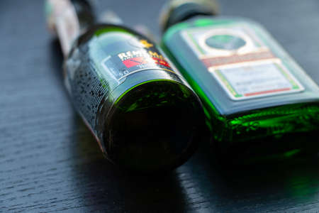 Sharm El Sheikh, Egypt - December 19, 2019. Liquor Jagermeister 1878 lies on the tableのeditorial素材