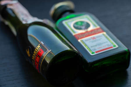 Sharm El Sheikh, Egypt - December 19, 2019. Liquor Jagermeister 1878 lies on the tableのeditorial素材