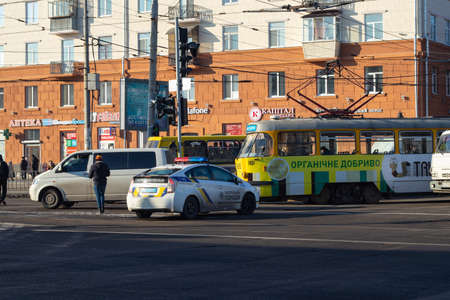 Dnipro, Ukraine - December 30, 2019.The car crashed into a tram at the crossroads of the road to the cities of Dnieper in Ukraineのeditorial素材