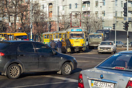 Dnipro, Ukraine - December 30, 2019.The car crashed into a tram at the crossroads of the road to the cities of Dnieper in Ukraineのeditorial素材