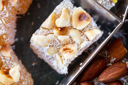 Turkish delight sweets stand on the tableの写真素材