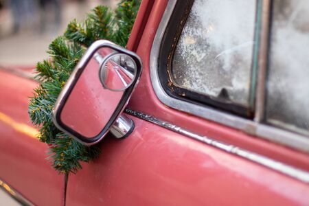 snowflake on the glass of an old car, new year holidayの写真素材