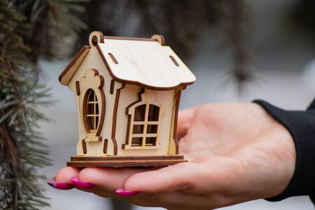 Girl holds a small wooden house outdoorsの写真素材