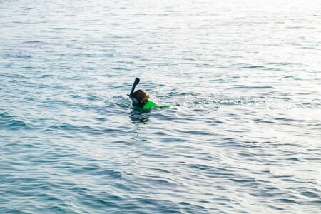 girl diving in the red sea in egypt lies on the water in a maskの写真素材