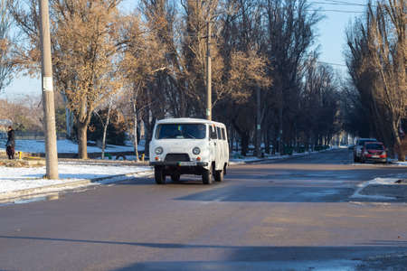 Dnipro, Ukraine - December 31, 2019. UAZ 452 car rides on the road in the winter to the cities of the Dnieper in Ukraineのeditorial素材