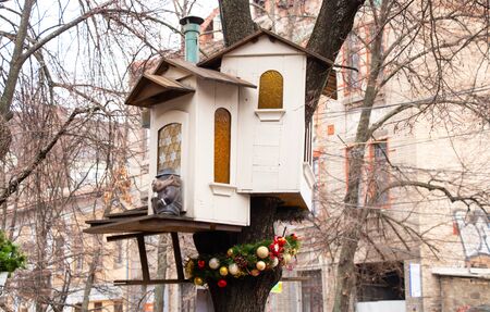 a tree house in the Dnieper in winter
