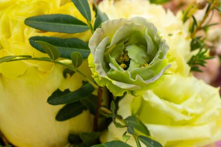 a bouquet of lisianthus flowers lies on the tableの写真素材