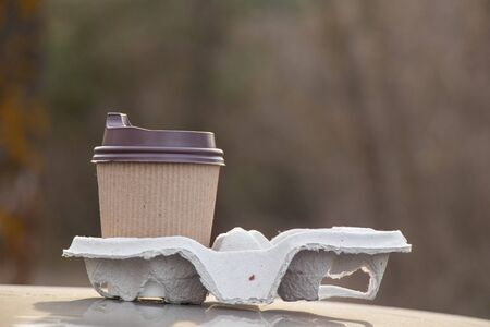 brown paper coffee cup stands in the forestの写真素材