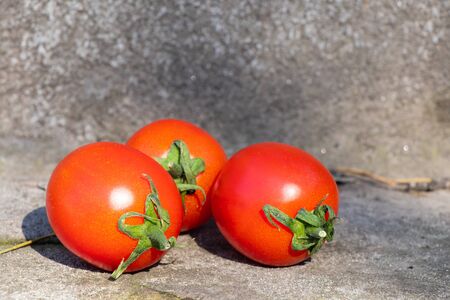 red cherry tomatoes on a wooden old chopper in daylight close-upの写真素材