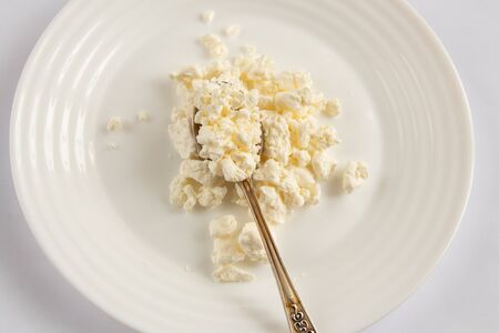 fermented milk cottage cheese in a white bowl and spoon on a white backgroundの写真素材