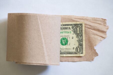 one american dollar roll up toilet paper roll on white backgroundの写真素材