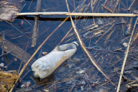 plastic bottle floats in river water in springの写真素材