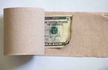 one american dollar roll up toilet paper roll on white backgroundの写真素材