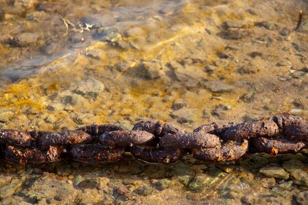rusty old chain fastened to a concrete wall in the streetの写真素材