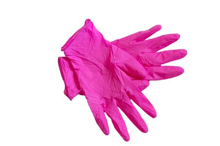 female hand in pink medical gloves on white background close-upの写真素材