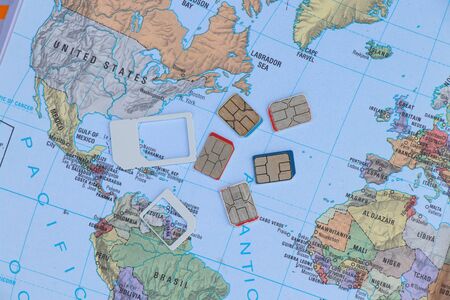 several sim cards are on a geographic map