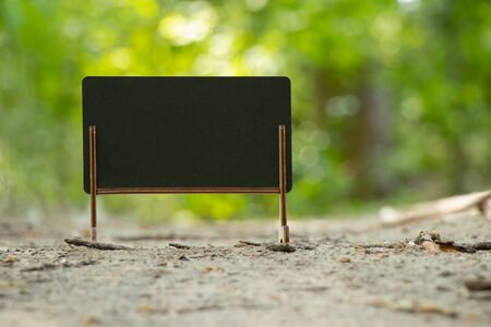 schoo wooden blackboard with place for text stands in the forestの写真素材