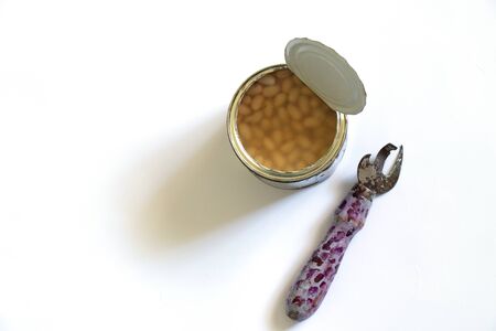 open can with canned beans on white top view close upの写真素材