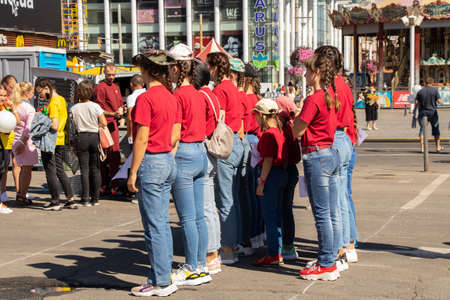 Ukraine Dnipro - September 12, 2020 - people during quarantine days on the city square on the city day holiday in the city center, not observing quarantine measures, city dayのeditorial素材