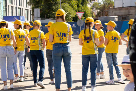 Ukraine Dnipro - September 12, 2020 - people during quarantine days on the city square on the city day holiday in the city center, not observing quarantine measures, city dayのeditorial素材
