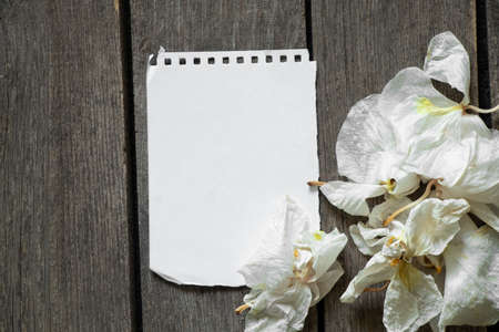 a white blank sheet with a notebook lies on a wooden table and next to withered white orchid flowersの写真素材