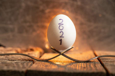 white chicken egg with the inscription 2021 on it stands on two fork on a wooden table in the...