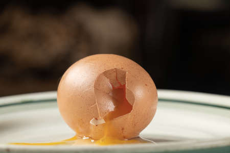 broken raw chicken egg brown lies on a plate close-upの写真素材