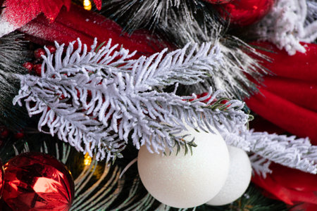 christmas tree with red and white balls in the snow, new yearの写真素材