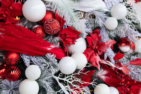 christmas tree with red and white balls in the snow, new yearの写真素材