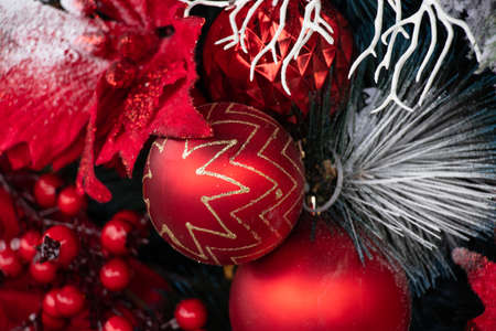 christmas tree with red and white balls in the snow, new yearの写真素材