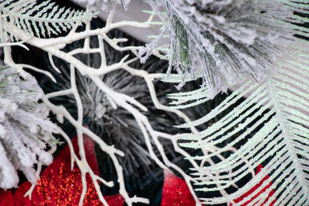 christmas tree with red and white balls in the snow, new yearの写真素材