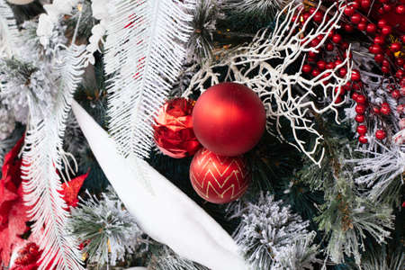 christmas tree with red and white balls in the snow, new yearの写真素材