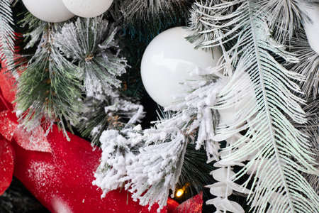 christmas tree with red and white balls in the snow, new yearの写真素材