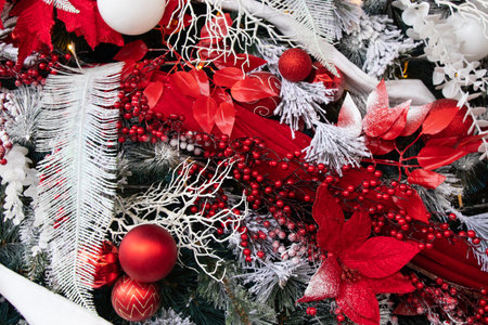 christmas tree with red and white balls in the snow, new year