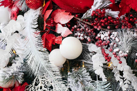 christmas tree with red and white balls in the snow, new yearの写真素材