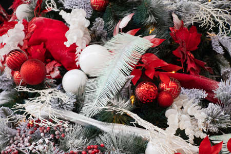 christmas tree with red and white balls in the snow, new yearの写真素材